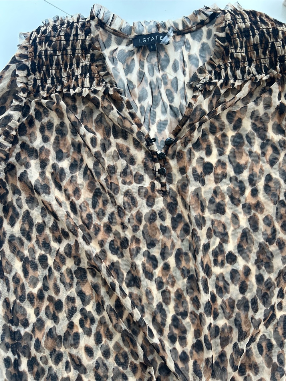 1.STATE Leopard Print Smocked Yoke Shirt - Brown/Black/Cream